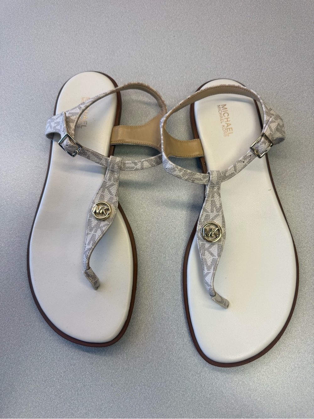 Michael Kors Beige & White Logo T-Strap Sandals